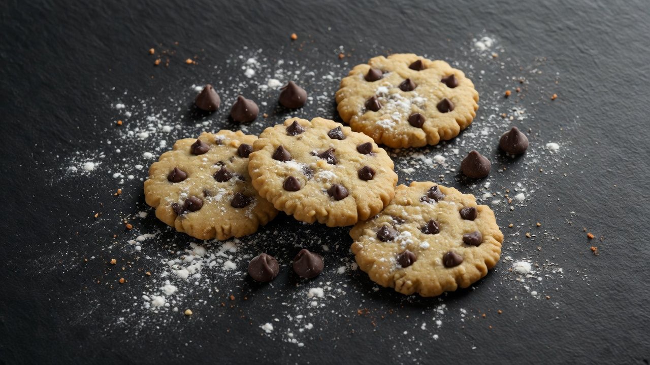 Three homemade cookies in a scatter of flour and chocolate chips