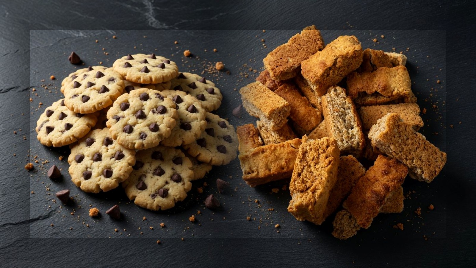 Lylula chocolate-chip cookies and buttermilk rusks on slate — weekend market table